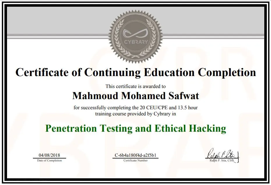شهادة اختبار الاختراق والهاكر الأخلاقي من منصة Cybrary 2018